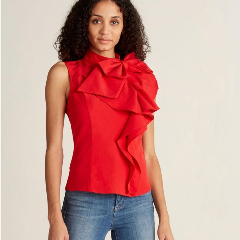 Gracia - red cascade ruffle bow, sleeveless top